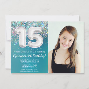 Photo Teal Silver Glitter 15th Birthday Party Invitation