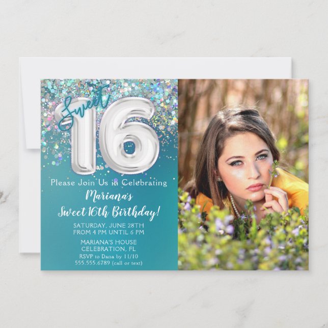 Photo Teal Silver Glitter 16th Birthday Invitation (Front)