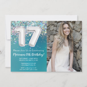 Photo Teal Silver Glitter 17th Birthday Invitation
