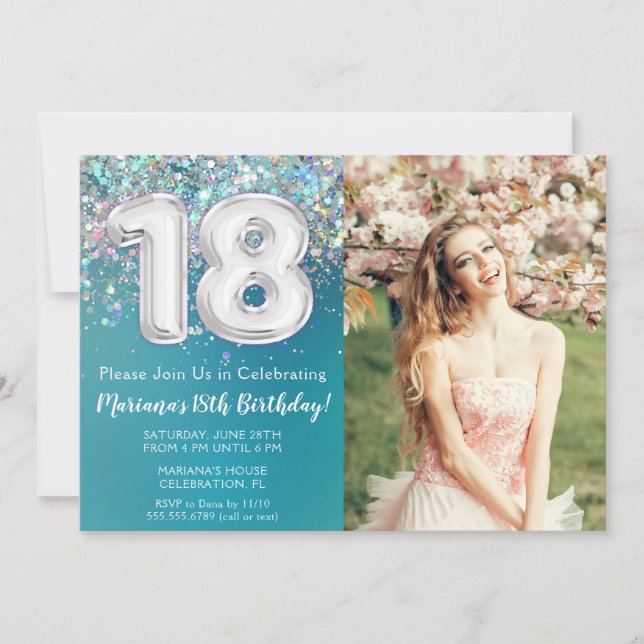 Photo Teal Silver Glitter 18th Birthday Invitation (Front)