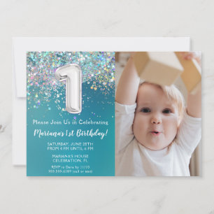 Photo Teal Silver Glitter 1st Birthday Party Invitation