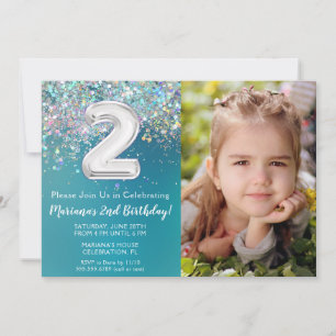 Photo Teal Silver Glitter 2nd Birthday Invitation