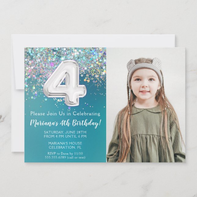 Photo Teal Silver Glitter 4th Birthday Invitation  (Front)