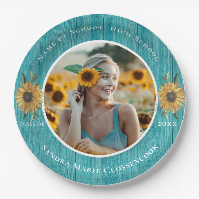  Photo Teal Sunflower Yellow graduation Party  Paper Plates (Front)