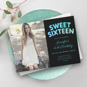 Photo Teal Turquoise Black Balloons Sweet 16 Invitation