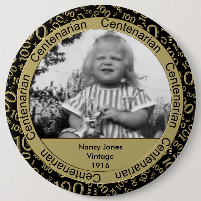 Photo Template: 100th Birthday Centenarian Gold Pinback Button (Front)