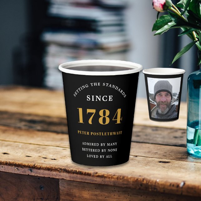 Photo Template Birthday Party Black Gold Any Year Paper Cups (Black and gold birthday party paper cups with phot and easily edited text.)