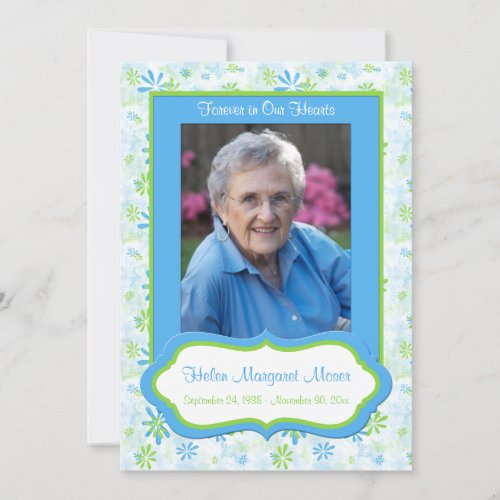 Photo Template | Blue, Green Floral Memorial Card