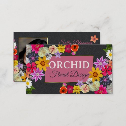 Photo Template Elegant Wildflowers Gold Black Cute Business Card