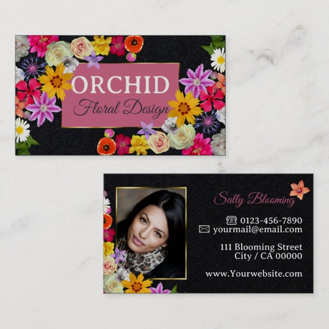 Photo Template Elegant Wildflowers Gold Black Cute Business Card (Front/Back)