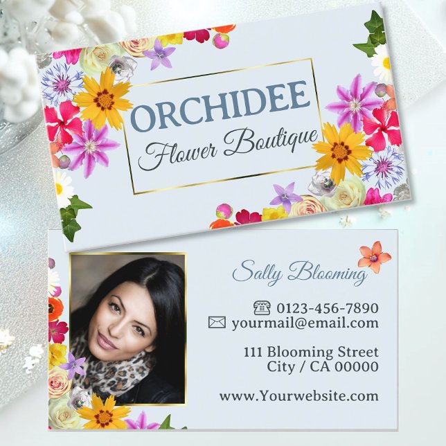 Photo Template Elegant Wildflowers Gold Blue Chic Business Card (Creator Uploaded)