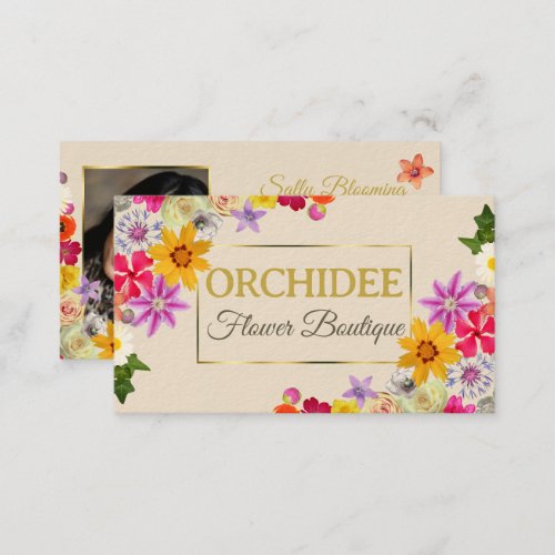 Photo Template Elegant Wildflowers Gold Cream Chic Business Card