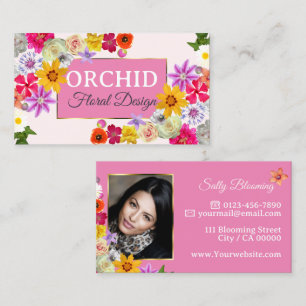 Photo Template Elegant Wildflowers Gold Girly Pink Business Card