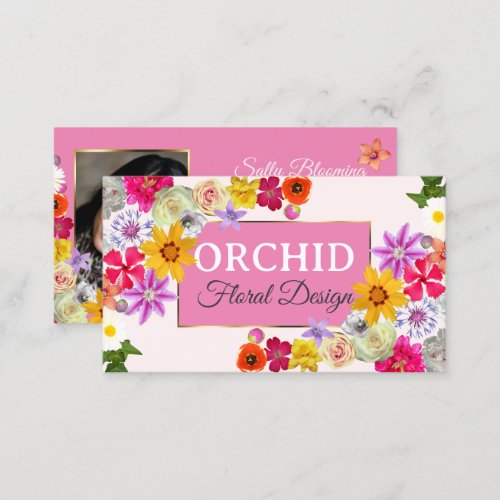 Photo Template Elegant Wildflowers Gold Girly Pink Business Card