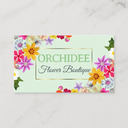 Photo Template Elegant Wildflowers Gold Green Chic Business Card