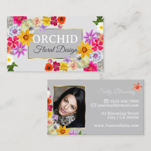 Photo Template Elegant Wildflowers Gold Light Gray Business Card
