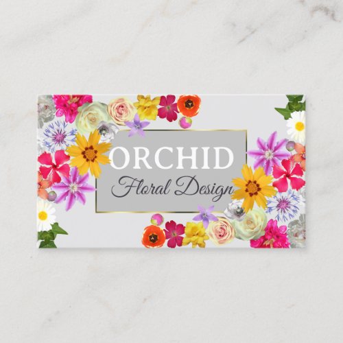 Photo Template Elegant Wildflowers Gold Light Gray Business Card