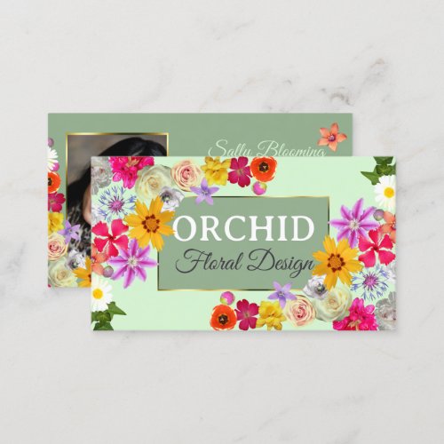 Photo Template Elegant Wildflowers Gold Mint Green Business Card