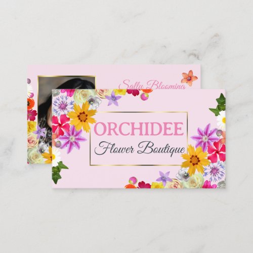 Photo Template Elegant Wildflowers Gold Pink Chic Business Card