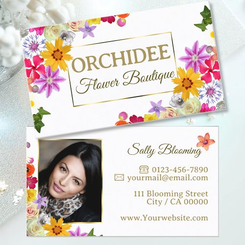 Photo Template Elegant Wildflowers Gold White Chic Business Card