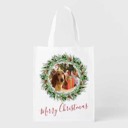 Photo Template Merry Christmas Wreath Grocery Bag