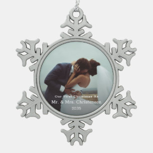 Photo Template Our First Christmas Married Merry Snowflake Pewter Christmas Ornament