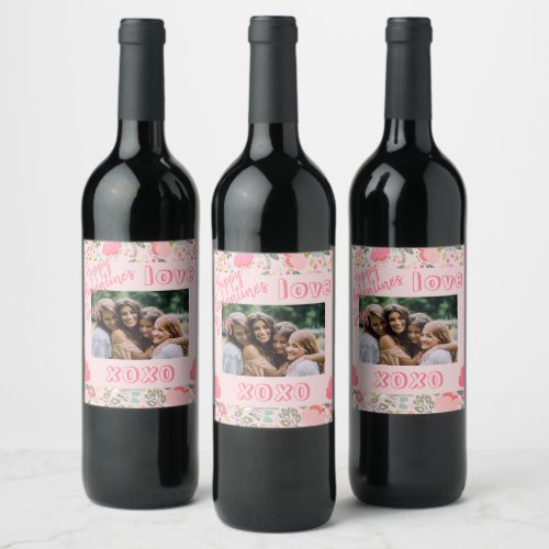 Photo template pink floral Happy Galentines Day Wine Label
