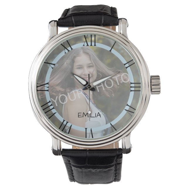 Photo Template Roman Numerals Simple Elegant Blue Watch (Front)