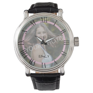 Photo Template Roman Numerals Simple Elegant Pink Watch