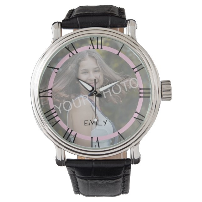 Photo Template Roman Numerals Simple Elegant Pink Watch (Front)
