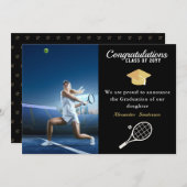 Photo Tennis player Black Gold White graduation Announcement (Front/Back)