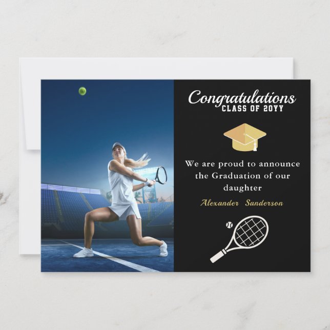 Photo Tennis player Black Gold White graduation Announcement (Front)