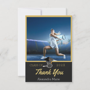 Photo Tennis player Black Gold White graduation Thank You Card