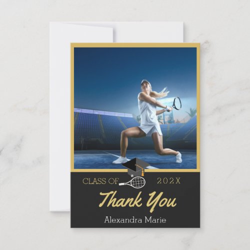 Photo Tennis player Black Gold  White graduation Thank You Card