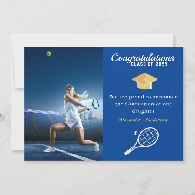 Photo Tennis player Blue Gold White graduation Announcement (Front)