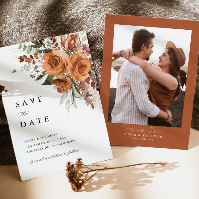 Photo Terracotta Boho Rose Floral Wedding Save The Date (Terracotta boho save the date wedding card with pampas florals and photo back. rose watercolor)