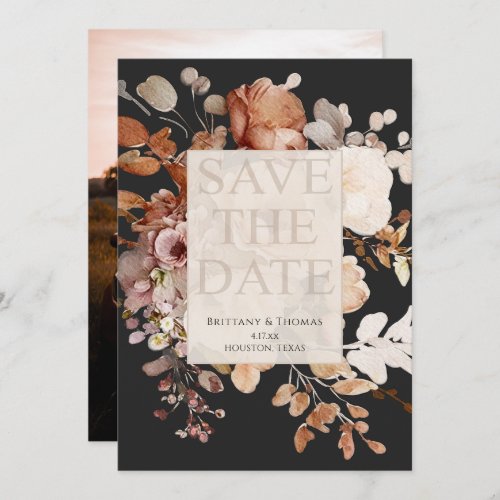 Photo Terracotta Floral on Black Save the Date Invitation