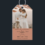Photo, Terracotta Leaves Wedding Save the Date  Gift Tags<br><div class="desc">Delight your guests announcing your wedding date with a gift; they will love hearing the news and enjoy the nice detail! Photo gift tag with attractive watercolor terracotta leaves photo overlay on the top framing your photograph. Terracotta section on the bottom with modern hand written calligraphy details, and your names...</div>
