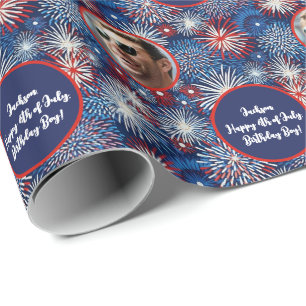 Photo Text Red Blue White 4th of July Birthday Wrapping Paper