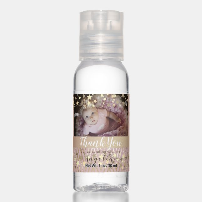 Photo Thank You Birthday Pink and Gold Stars Hand Sanitizer (Front)