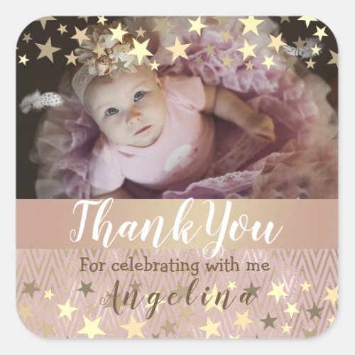 Photo Thank You Birthday Shiny Pink and Gold Stars Square Sticker