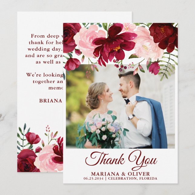 Photo Thank You Card Burgundy Pink Floral (Front/Back)