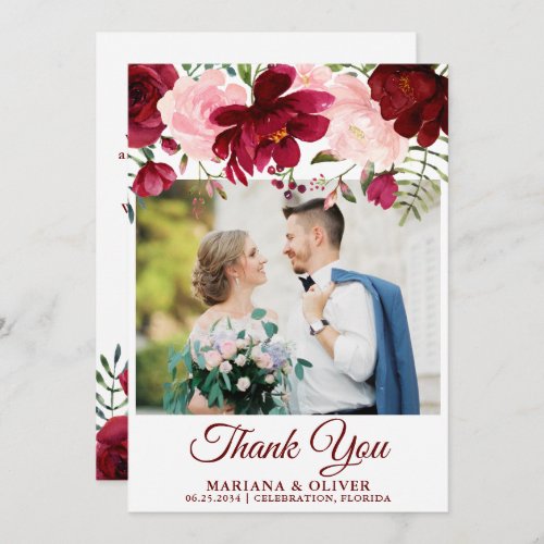 Photo Thank You Card Burgundy Pink Floral