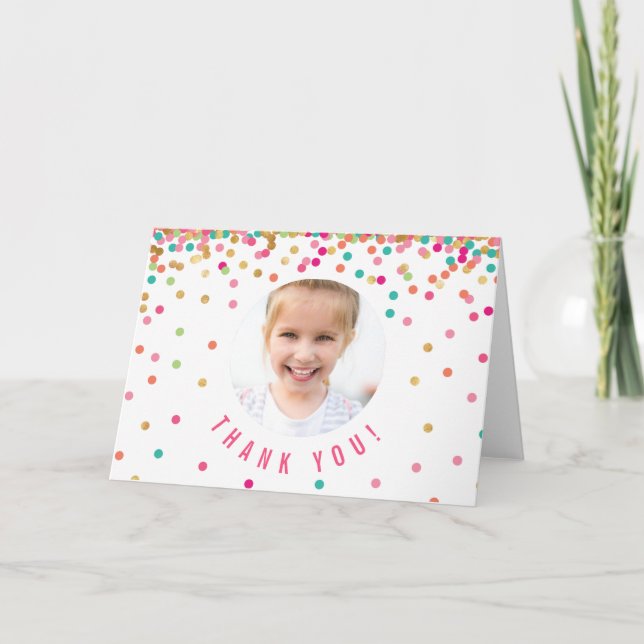 Photo Thank You Card | Mint Gold Birthday Confetti (Front)