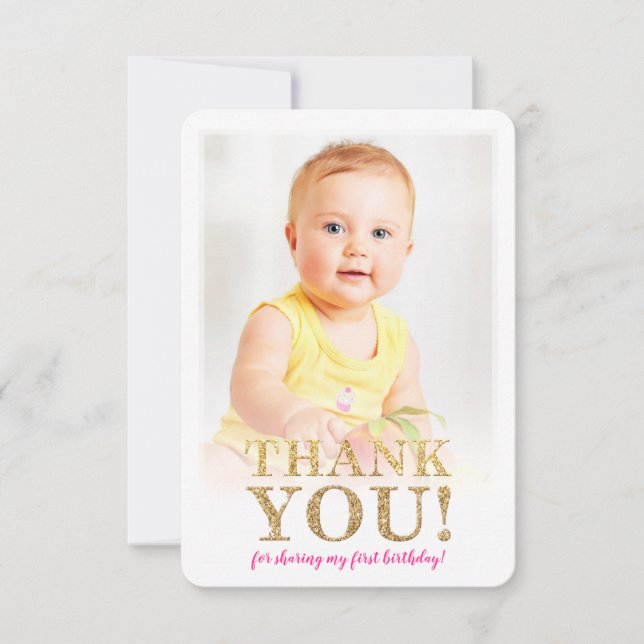 PHOTO THANK YOU cute gold glitter pink watercolor (Front)