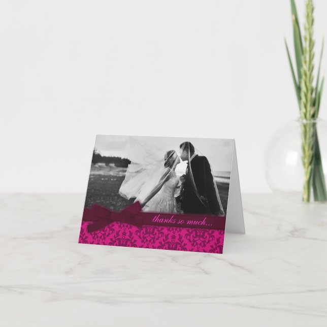 Photo thank you damask wedding dark pink card (Front)