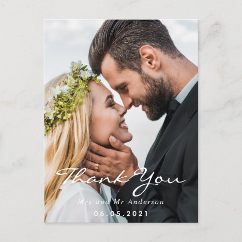 Photo thank you dusty blue wedding script postcard