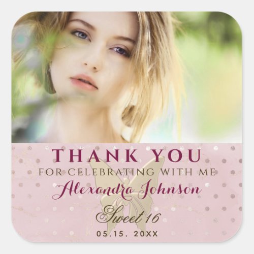 Photo Thank You  Girl Sweet 16 Rose Gold Square Sticker