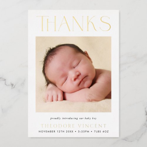 PHOTO THANK YOU modern serif font new baby Foil Invitation