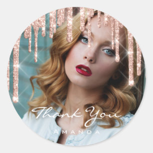 Photo Thank You Name 16th Bridal Rose Glitter Classic Round Sticker
